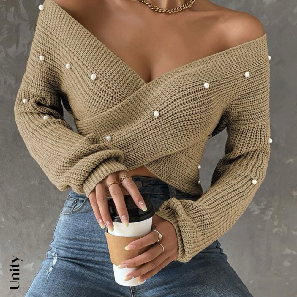 SHEIN Unity Pearls Beaded Crossover Drop Shoulder Sweater size small